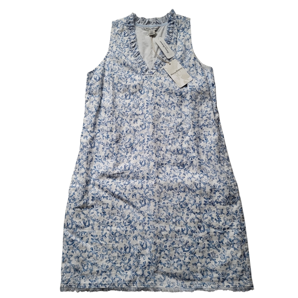 Tommy Bahamas Linen Shift Dress Ruffel Neckline Raw Hem Pockets Nautical Design